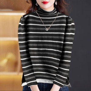 Women's Striped Turtleneck Sweater Long Sleeve Black Polyester Autumn Winter Top - Product Image 1