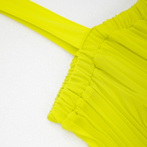 Combinaison Élégante Femme Jaune Vif Épaules Dénudées Plissée Manches Cloche avec Bretelles Jambes Larges pour Soirée - Product Image 2