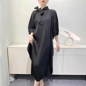 Модные Женские Элегантные платья высокого качества, Свободные плиссированные однотонные платья с воротником-шарфом, коллекция летних платьев для женщин - Product Image 4
