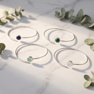 Bracelet manchette ouvert en laiton plaqué argent avec pierre naturelle ronde style Bohème, léger, unisexe, pour le quotidien, idéal comme cadeau - Product Image 4