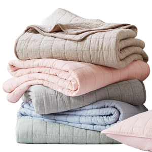 Luxury Modern Washed Cotton Linen <b>Quilt</b> Set <b>Bedspread</b> Coverlet Box Stitched 2 Pillow Shams All-Season Cornflower Blue - Product Image 1