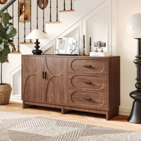 Buffet moderne du milieu du siècle en MDF, 2 portes, 3 tiroirs, caractéristiques réglables, rangement de 1,20 m, finition noyer, aspect bois, pour salle à manger