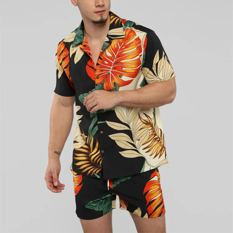 hawaiian style floral printing short sleeve viscose shirts summer men two pieces shirt and short set