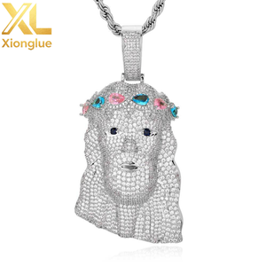 <b>Mens</b> Diamond Jesus Head Pendant Inlaid Colorful Zircon <b>Silver</b> Gold Jesus Face Christ Pendant - Product Image 2