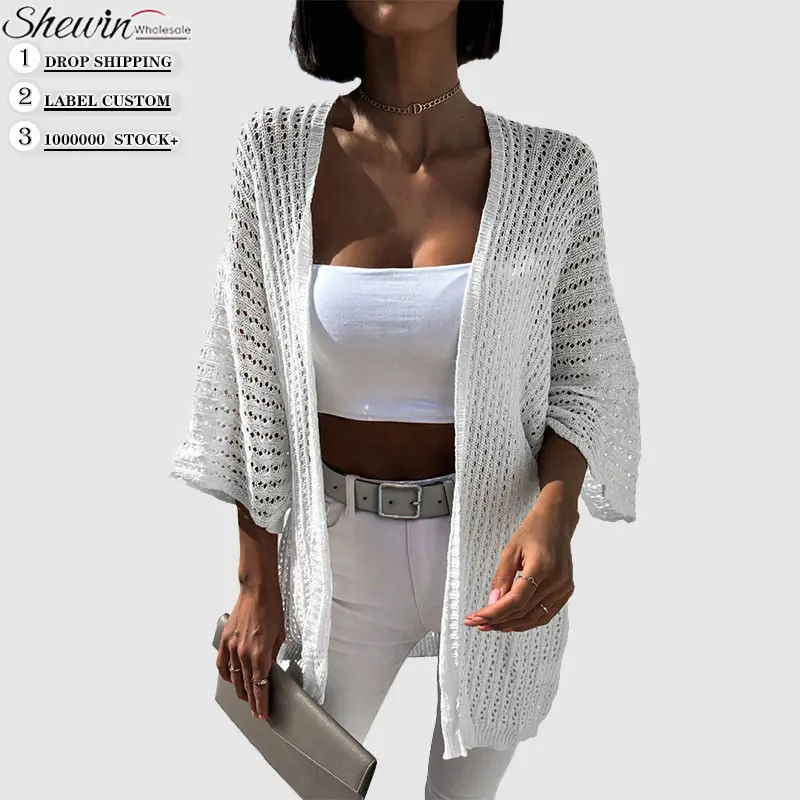 Wholesale 2023 White Hollow Out Knit Kimono Lightweight Summer Clothes Knit Cardigan Women