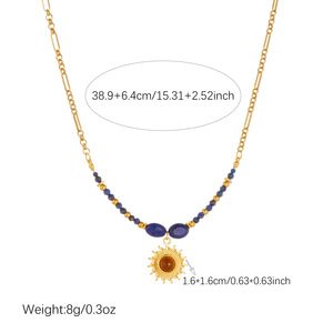 Lapis Lazuli Necklace Gold Sun Pendant Bezel Setting Everyday Wear Clavicle Chain Niche Retro Style - Product Image 4