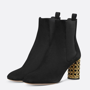 Solid Sexy High Round Heels Women Square Toe Suede Ankle <b>Boots</b> Gold Cut Out Chunky Stiletto Shoes Stretchy Upper Short - Product Image 3