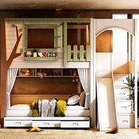 JS FURNITURE Nouveau design Lit double en bois de luxe pour enfants Meubles de chambre à coucher Lit en bois avec toboggan en arc et escalier de rangement