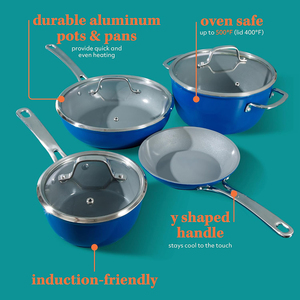 Juego de ollas y sartenes de aluminio con <span class=keywords><strong>mango</strong></span> de acero inoxidable, sartén antiadherente <span class=keywords><strong>rosa</strong></span> y azul con tapa, juego de ollas - Product Image 4