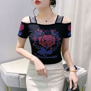 Nueva Blusa de Verano para Mujer, Exquisita, <span class=keywords><strong>con</strong></span> Pedrería, de Malla de Seda Helada, Manga Corta, <span class=keywords><strong>con</strong></span> Hombros Descubiertos y <span class=keywords><strong>Espalda</strong></span> Estilizada - Product Image 3