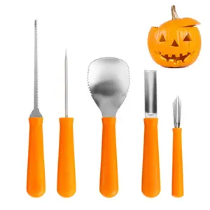 5 Pieces Plastic Handle OEM Fruit Decorating Carving Tools Halloween Stainless Steel Pumpkin Carving Tools Kit