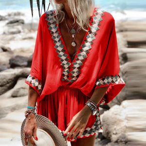 Red Deep V Neck Mini <b>Dress</b> With Contrast Binding <b>Elastic</b> Waist Beach Cover Up Women's Swimwear Fashion Style - Product Image 1