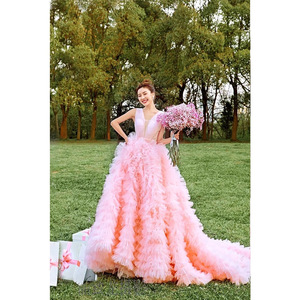 Pink Ball Gown Wedding Dress Sweetheart Neckline Tulle Fabric Natural Waistline Trailing Skirt Candy Color Style - Product Image 5