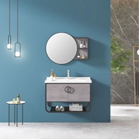 Meuble de salle de bain mural moderne et minimaliste avec lavabo, miroir intelligent et plateau en bois massif intégré