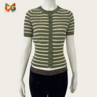 Cárdigan de punto de manga corta a rayas con ribete festoneado para mujer CG Custom, top de punto corto calado con ajuste ceñido a la cintura y diseño hueco.