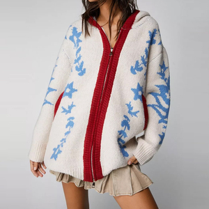 Manteau personnalisé de style nordique à fermeture éclair Y2K grande taille pour femmes <span class=keywords><strong>pull</strong></span> cardigan surdimensionné à motif de feuilles de créateur pour femmes - Product Image 4