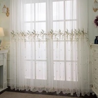 Rideaux en polyester translucide brodés de fleurs de style américain, motif fleurs marines, blanc semi-occultant, fixation murale plate