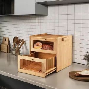 Home Kitchen Double Layer Natural <b>Bamboo</b> Bread Storage Box Organizer with Bread Slicer for Food Use - Product Image 2