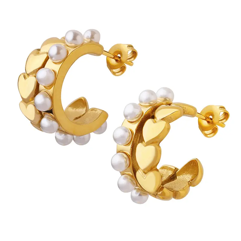 Retro Geometric 18k Gold Plated Stainless Steel Jewelry Gift Imitation Pearl Heart CC Shaped Earrings