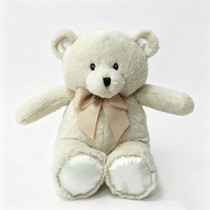 Oso de peluche personalizado color crema con detalles en satén, oso de peluche en pose sentada con corbatín, oso de peluche con almohadillas de satén en las patas - Product Image 1