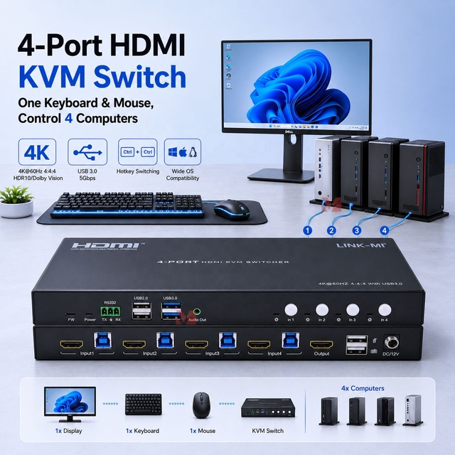 4K60Hz 4x1 KVM HDMI USB 3.0 Switch 4 Port Video Switcher with RS232 Hotkey Audio Extractor