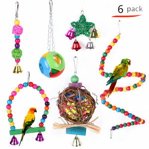 Uccello pappagallo altalena giocattolo da masticare Set colorato Pet Bird Cage altalena amaca scarpa giocattolo da masticare campana appesa trespolo di legno - Product Image 6
