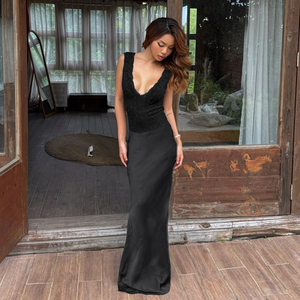 Vestido Maxi Largo y Recto con Encaje Sensual |   Camisola Elegante con Escote Profundo en V y Cintura Natural, Tejido Transpirable en Capas - Product Image 3
