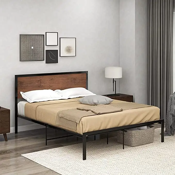 Home Furniture Bedroom Heavy Duty Wood Metal Platform Dormitory Bed with Wood Headboard, Modern Double Bed Frame