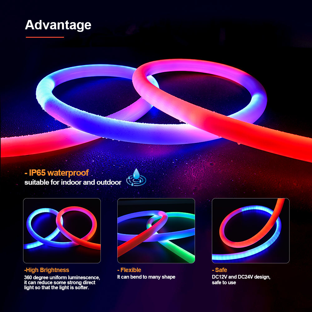 Addressable Programmable IP65 Waterproof DC5V 12V 24V 360 Degree Round Led Flexible Silicone Rgb Neon Flex Light Strip