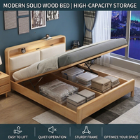 Lit plateforme moderne en bois massif de style nordique avec rangement à vérin à gaz, design de lit confortable, multifonctionnel pour tailles simple/double