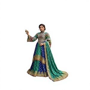 Elegant Embroidered Ball Gown <b>Dress</b> With Full Sleeves Choker Neck Floor-Length Satin <b>Formal</b> Wear Contrast Color Design - Product Image 1