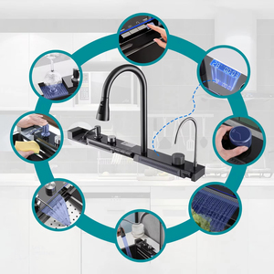 高品質モダンスマート多機能ステンレス鋼304製4槽シングルボウル滝状シンク手作りアンダーマウントキッチンカウンター - Product Image 3