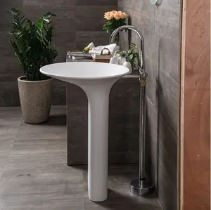 Lavabo de cerámica redondo con pedestal para baño, lavabo de lujo de una pieza con pedestal