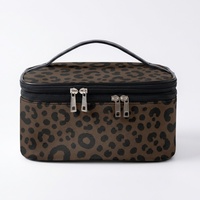 Trousse de Maquillage Double Couche en Cuir PU Imprimé Léopard Marron avec Poignée – Organisateur de Voyage pour Cosmétiques