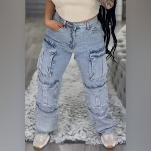 Pantalons en jean décontractés pour femmes, style streetwear, avec poches ornées de diamants, tendance - Product Image 1