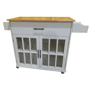 Rolling Kitchen Island with Drop-Leaf Tabletop Kitchen Trolley Cart with Transparent Panel Cabinet