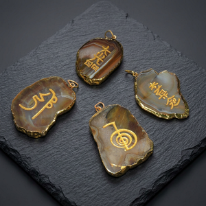 Free <b>Form</b> Agate Slice Pendant Set with Carved Engraved Gold Inlay Handmade Love Theme Feng Shui Healing Art Collectible Gujarat - Product Image 3
