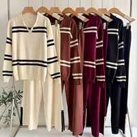 Sweater rajut wanita, kerah garis-garis kontras kasual longgar dan serbaguna gaya malas setelan rajutan
