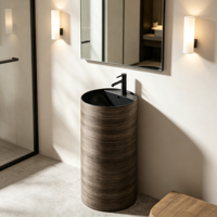 Lavabo sur colonne rond en marbre brun à effet superposé, monobloc autoportant, avec robinet mitigeur haut noir pour hôtel et villa