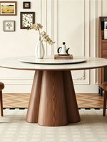 Massivholz-Esstisch im Mid-Century-Stil mit Quarzstein, Luxuriöser High-End-Look, Runder Drehbarer Multifunktionaler Esstisch