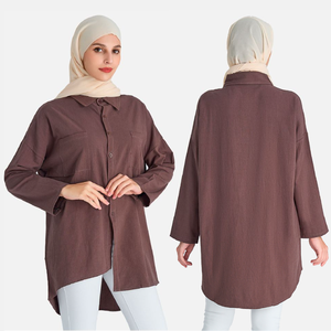 عباءة دبي بمقاس كبير 5XL للبيع بالجملة، فستان نسائي إسلامي، قميص طويل الأكمام من القطن والكتان، بلوزة إسلامية محتشمة - Product Image 2