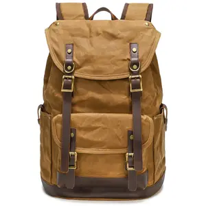 Wholesale waxed canvas fabric mountain camping backpacks Genuine leather Waterproof wear-resistant travel bags
