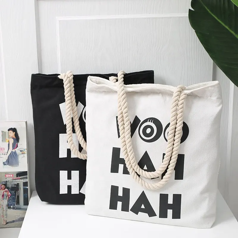 huahao large custom rope handle cotton canvas beach tote bag with fancy rope handles for women