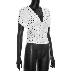 Viviblook J26TP254 Women Sexy Slim Fit Polka Dot Print Short Sleeved Deep V-Neck Backless Lace Up Casual Top - Product Image 3