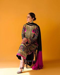 ชุดเดรสปาร์ตี้จากนักออกแบบดูท็อป - Plazzo & Dupata ชุดผ้าท็อปเท่เทียม Georgette หนักพร้อมงานเย็บปักถักร้อยแฮนด์เมดแฟนซี - Product Image 4