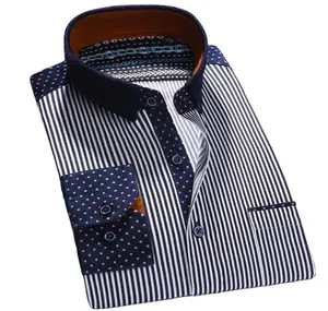 Men's 100% Cotton Contrast Collar and Cuff Stripes Long Sleeved Dress Shirt