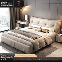 Lit double de 2 mètres de style italien, luxe léger, en cuir véritable, avec rangement, cadre en bois massif - Nouveau lit élégant haut de gamme