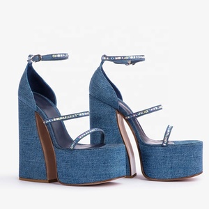 Mixed Rhinestone Denim <b>Sandals</b> Thick High Heel Thick Platform Summer Women's Dress Shoes Ankle Buckles Blue Pumps - Product Image 3