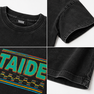 TaiDe T-shirt court ample à imprimé personnalisé, effet délavé vintage, motif rayures arcade rétro et lettres en bloc, Fournisseur en gros OEM ODM, Fabricant <span class=keywords><strong>de</strong></span> vêtements - Product Image 2