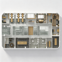 Aménagement intérieur de bureau : îlot central, zones de travail ouvertes, bureaux, salles privées, salles de réunion, mobilier commercial, plan d'aménagement